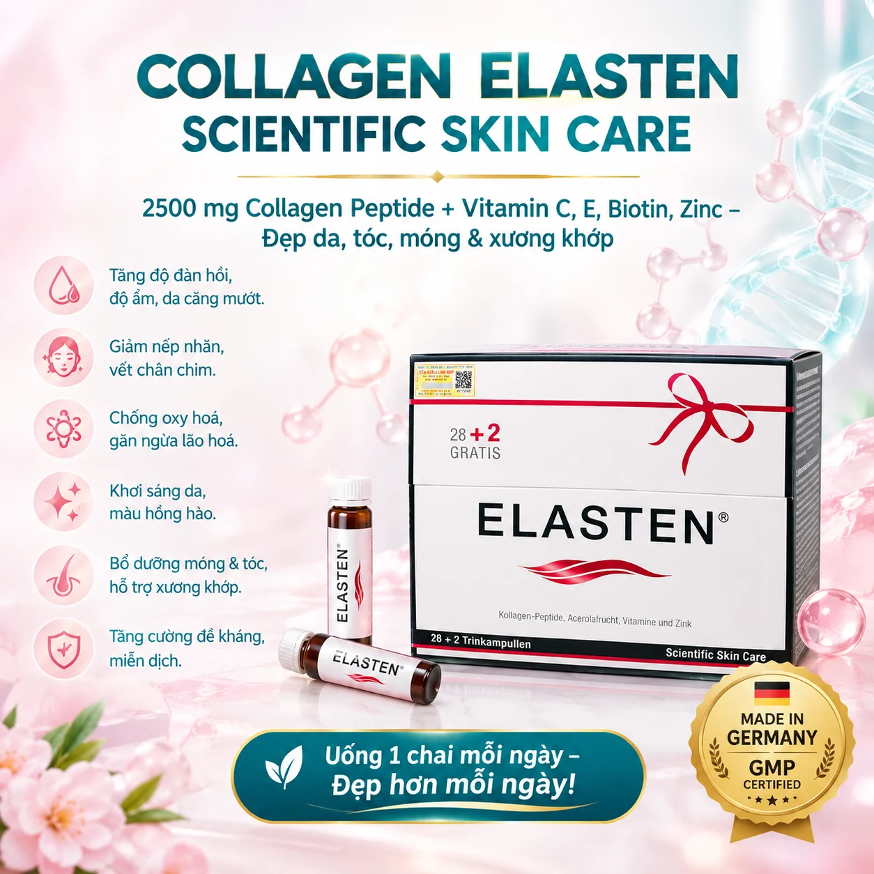 Nước Uống Collagen Elasten Scientific Skin Care 3ml - 30 Ống | Collagen Đức Chống Lão Hóa