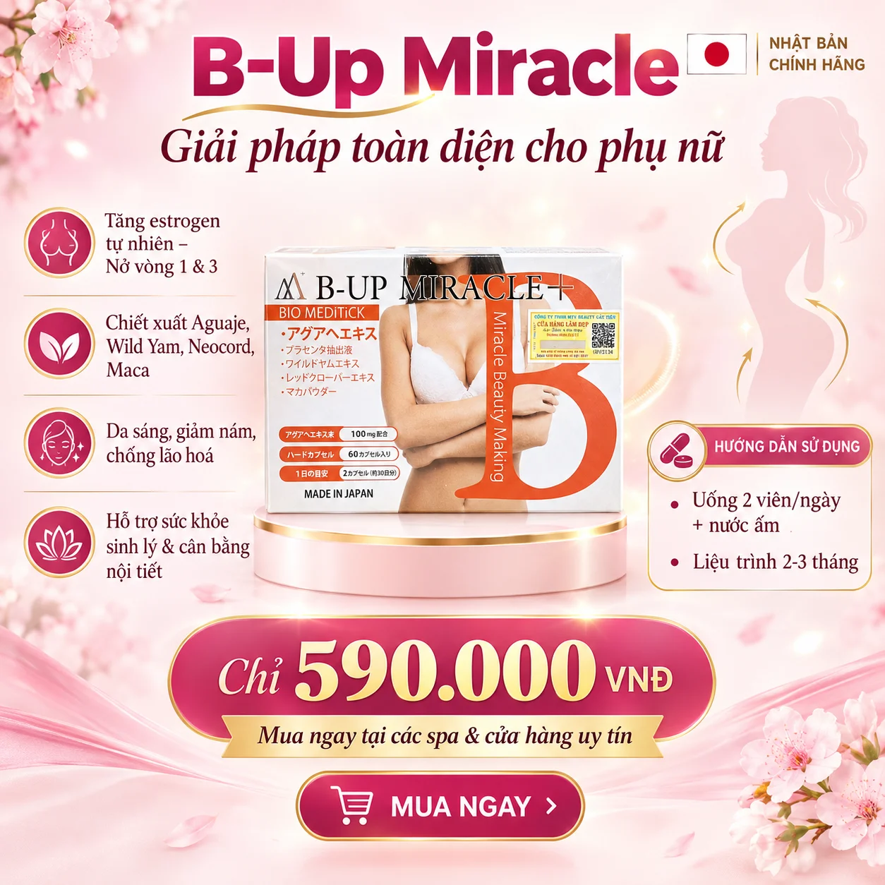 Viên Uống B-Up Miracle + Nở Ngực, Mông Nhật Bản 60 Viên – Tăng Estrogen Tự Nhiên, Nở Ngực & Mông, Làm Đẹp Da