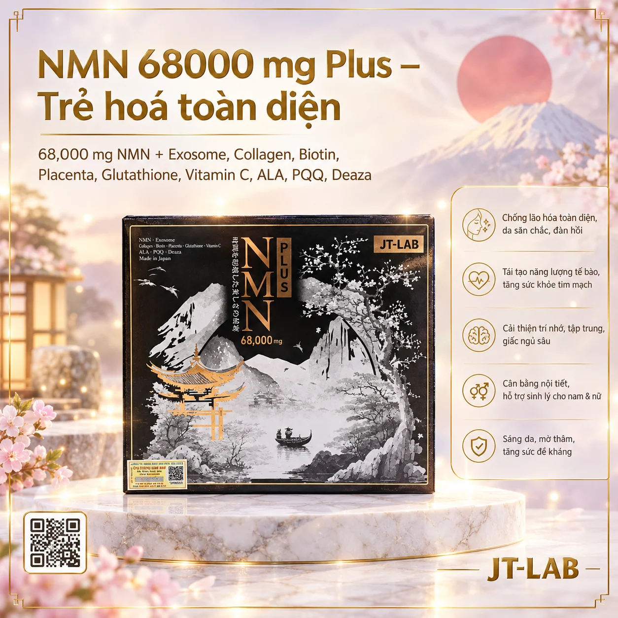 NMN 68000mg Plus JT‑LAB – Viên uống trẻ hoá cơ thể Nhật Bản 170 viên | Chống lão hóa & tăng năng lượng