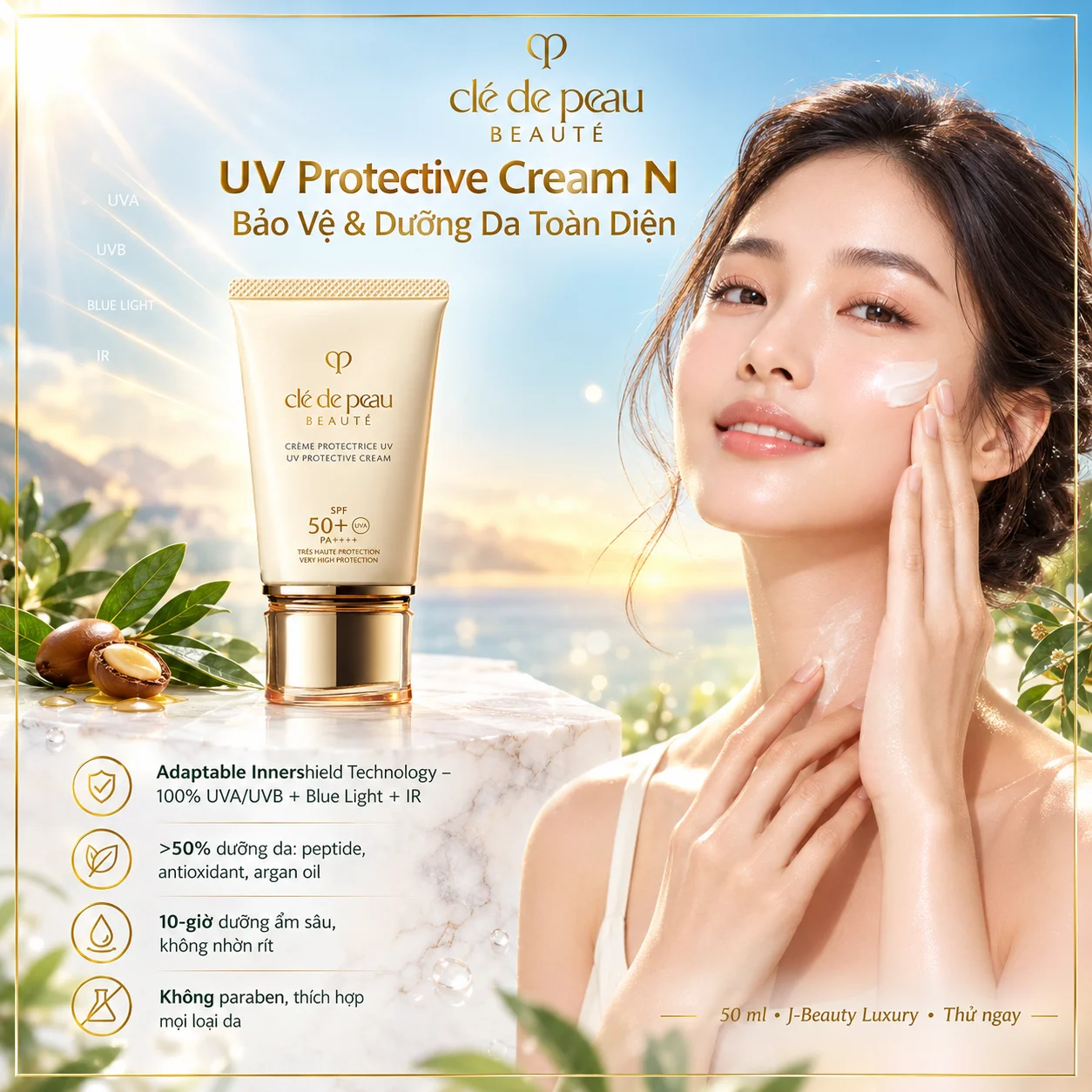 Kem Chống Nắng Clé de Pea​u Beauté UV Protective Cream N 50ml – Bảo Vệ Da Cao Cấp, Dưỡng ẩm Trên 50%