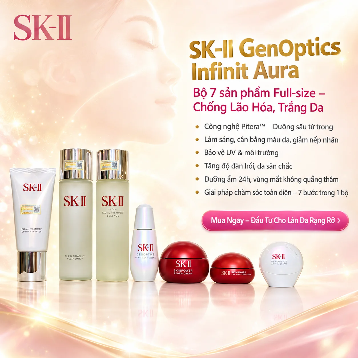 Bộ SK-II GenOptics Infinit Aura Chống Lão Hóa, Trắng Da 7 Sản Phẩm Full-size Nhật Bản – Đánh Giá, Thành Phần & Cách Dùng
