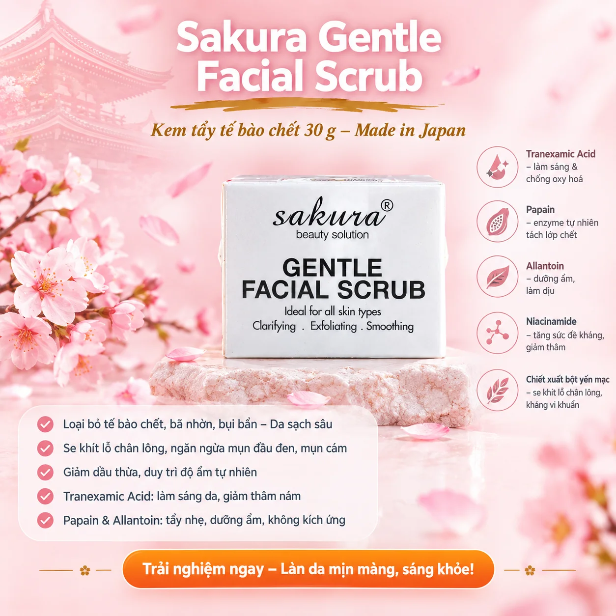 Kem Tẩy Tế Bào Chết Da Mặt Sakura Gentle Facial Scrub 30g – Từ Nhật Bản