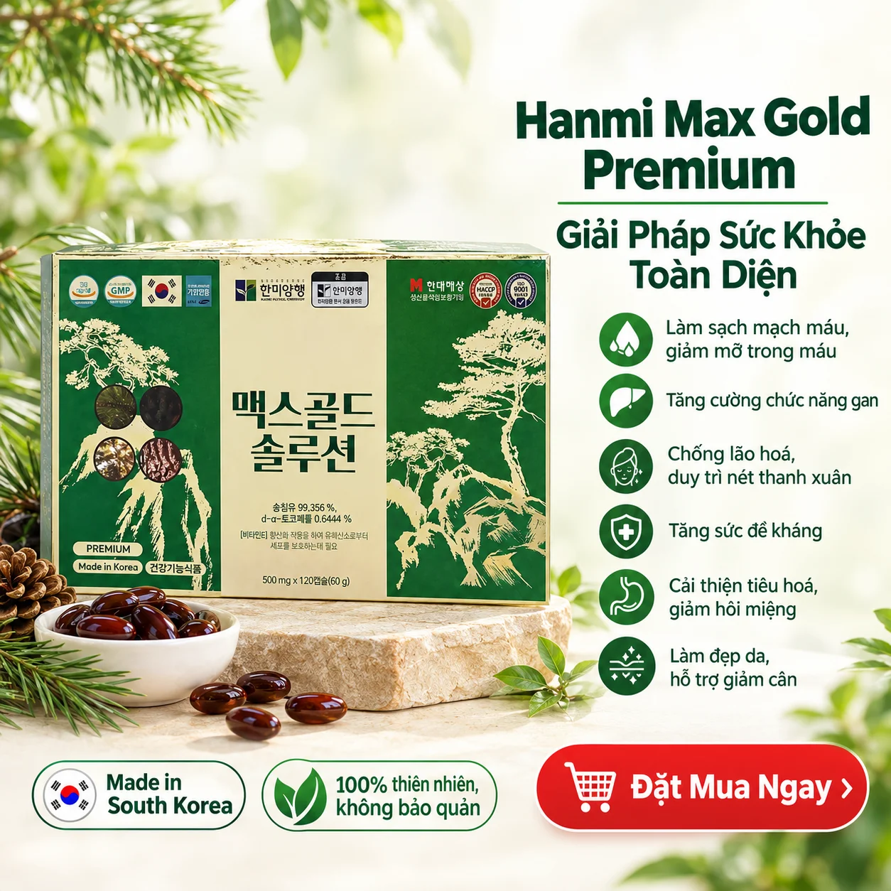 Tinh Dầu Thông Đỏ Hanmi Max Gold Premium 120 Viên – Công Dụng, Thành Phần, Hướng Dùng