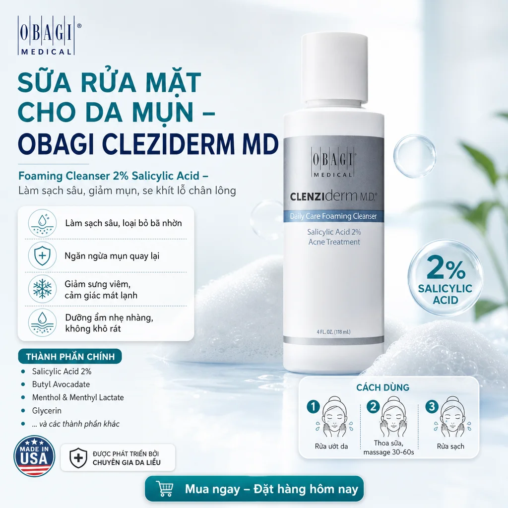 Sữa Rửa Mặt Da Mụn Obagi Cleziderm MD Daily Care Foaming Cleanser 118ml - Làm Sạch Sâu, Kiểm Soát Dầu & Ngăn Ngừa Mụn