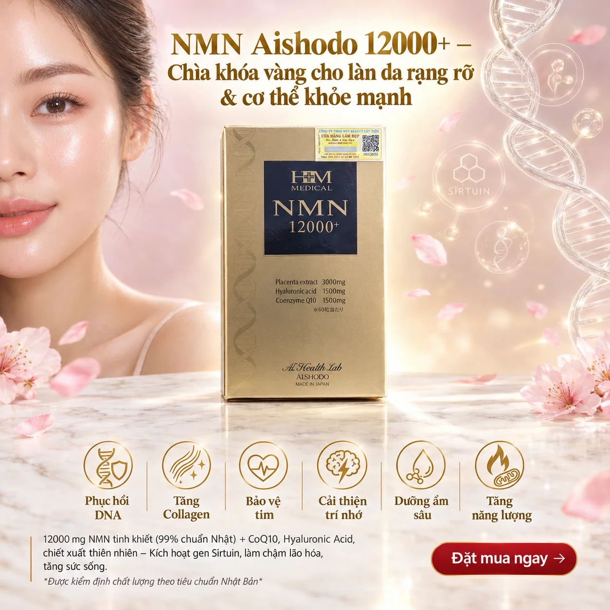 NMN Aishodo 12000+ – Viên Uống Trẻ Hoá Da Nhật Bản, Kích Hoạt Gen Sirtuin, Dưỡng Da & Sức Khỏe Toàn Diện