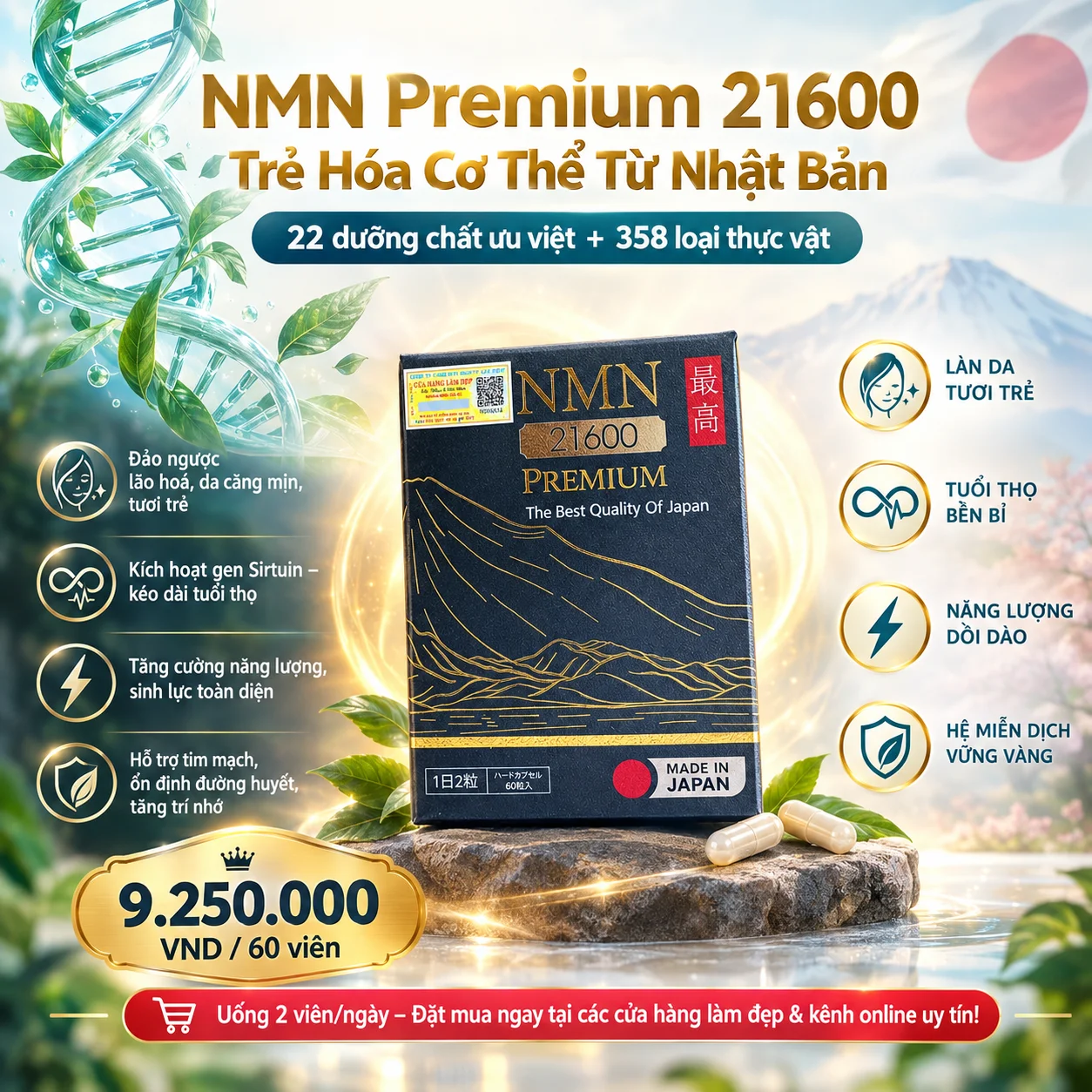 Viên Uống Trẻ Hóa Cơ Thể NMN Premium 21600 Nhật Bản 60 Viên/Lọ – Trẻ Hóa, Kéo Dài Tuổi Thọ, Giá 9.250.000 VND