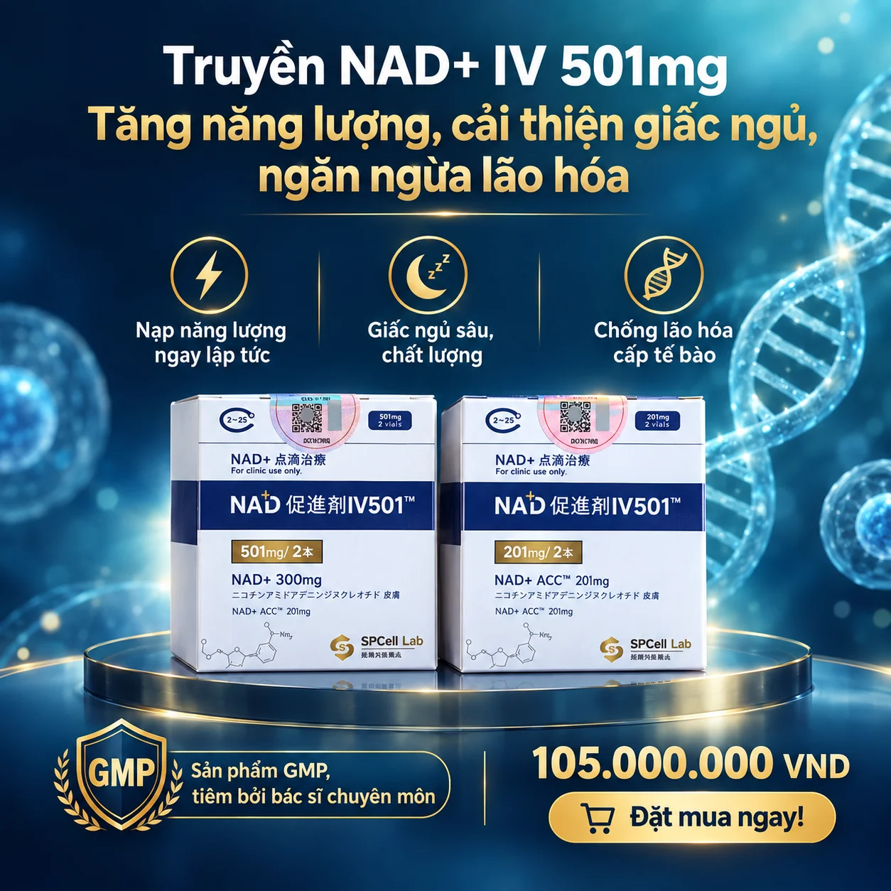 Truyền Tế Bào NAD+ IV 501mg SPCell Lab - 10 Lần Truyền | NAD+ Anti‑Aging & Năng Lượng