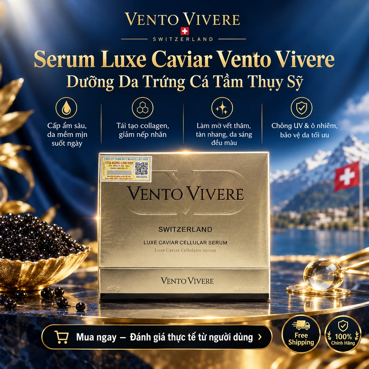 Serum Luxe Caviar Vento Vivere – Dưỡng Da Trứng Cá Tầm Thụy Sỹ – Đánh Giá, Công Dụng & Mua Online