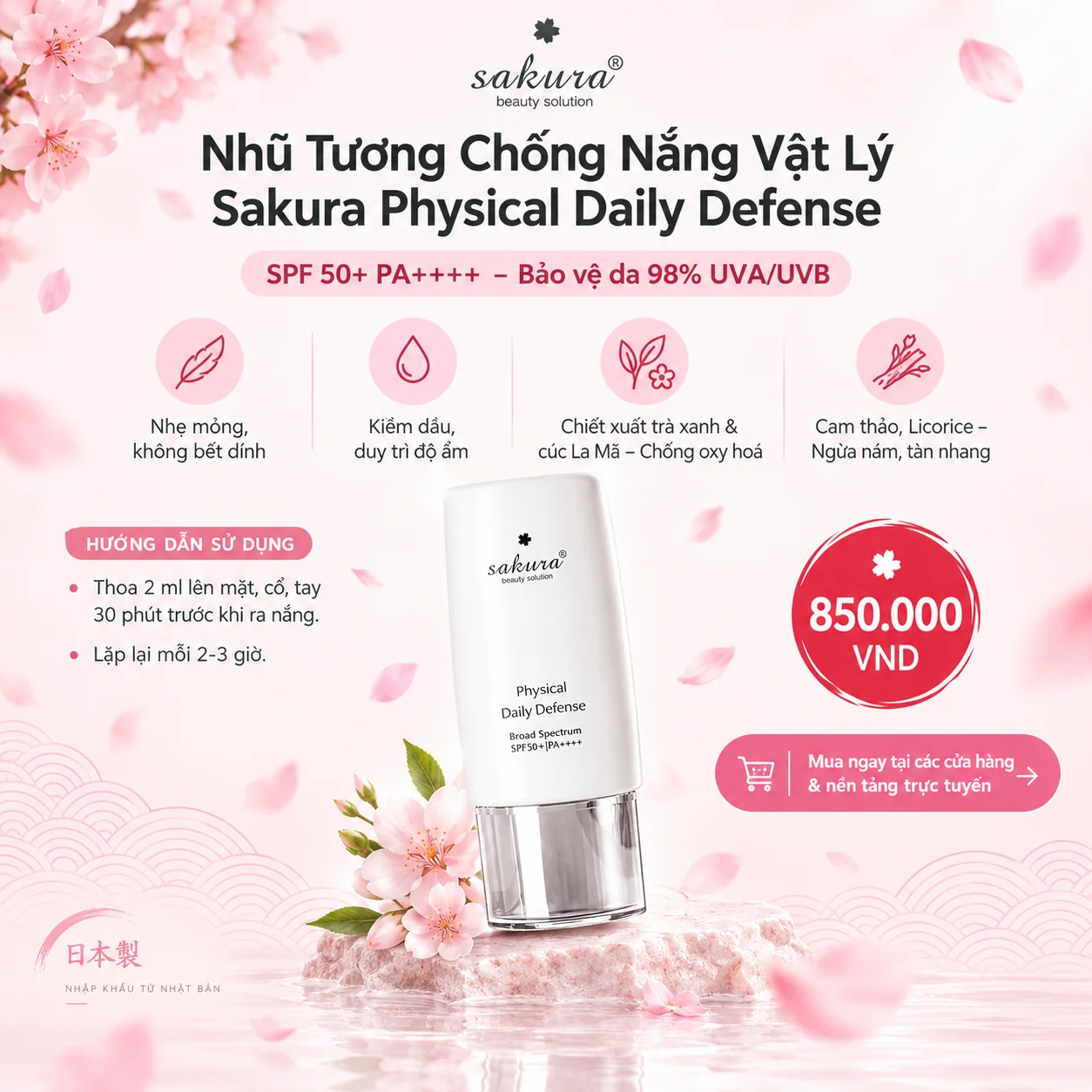 Nhũ Tương Chống Nắng Vật Lý Sakura Physical Daily Defense SPF 50+ PA++++ – Kem Chống Nắng Nhật Bản Giá Tốt