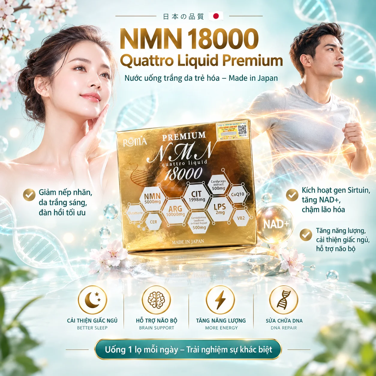 NMN 18000 Quattro Liquid Premium – Nước uống trắng da trẻ hóa Nhật Bản 10 chai 30ml