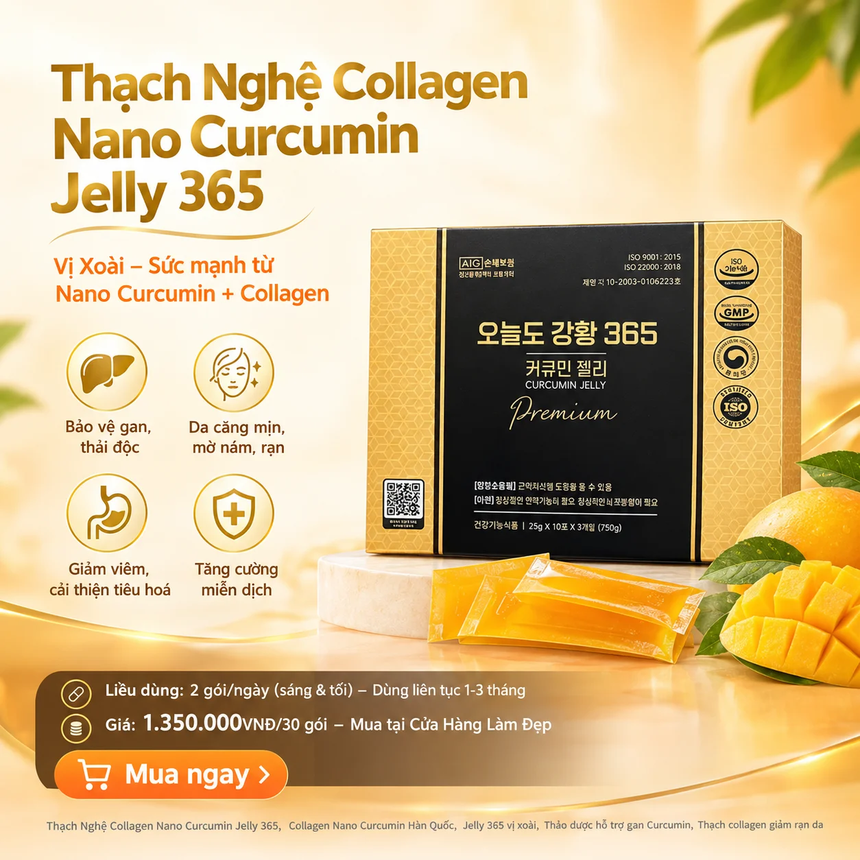 Thạch Nghệ Collagen Nano Curcumin Jelly 365 Vị Xoài – Sản phẩm chăm sóc sức khỏe cao cấp từ Hàn Quốc