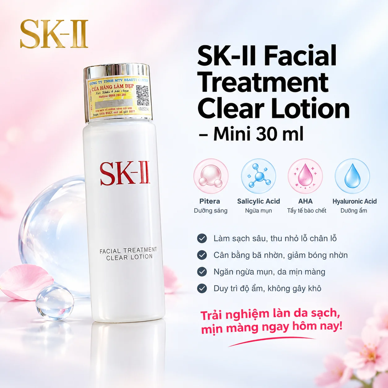 Nước Hoa Hồng Mini SK-II Facial Treatment Clear Lotion 30ml – Làm sạch sâu, thu nhỏ lỗ chân lông, ngừa mụn