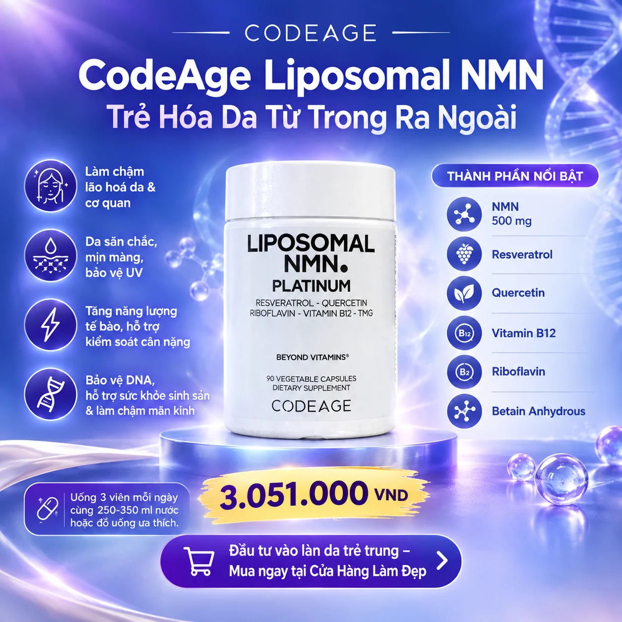 Viên Uống CodeAge Liposomal NMN Trẻ Hóa Da - Hỗ Trợ Ngừa Lão Hóa Mỹ 90 Viên