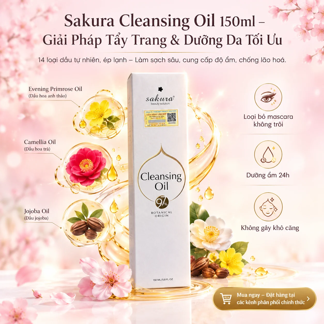 Dầu Tẩy Trang Sakura Cleansing Oil 150ml - Dưỡng ẩm & Tẩy Trang Hoàn Hảo từ Nhật Bản