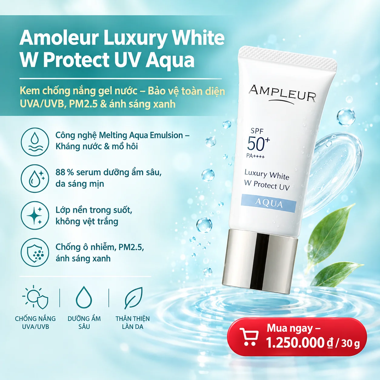 Kem Chống Nắng Amoleur Luxury White W Protect UV Aqua 30g – Bảo Vệ Da Toàn Diện & Dưỡng ẩm