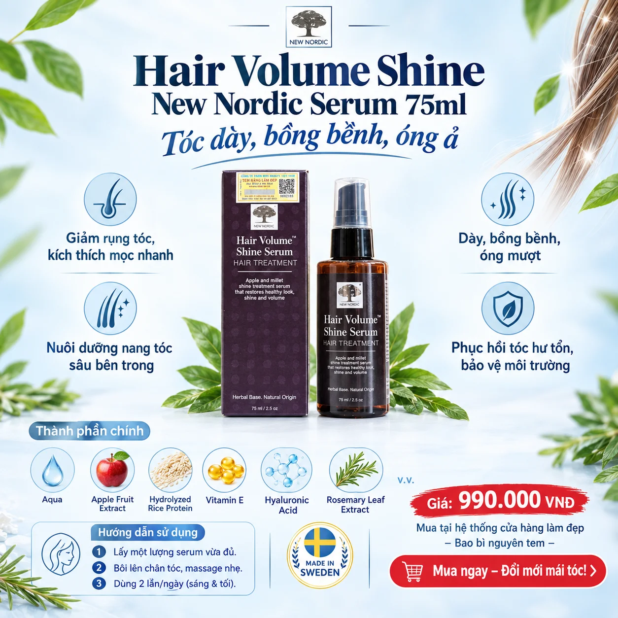 Hair Volume Shine New Nordic Serum 75ml – Serum Mọc Tóc Thụy Điển Giúp Tóc Dày Bóng & Giảm Rụng
